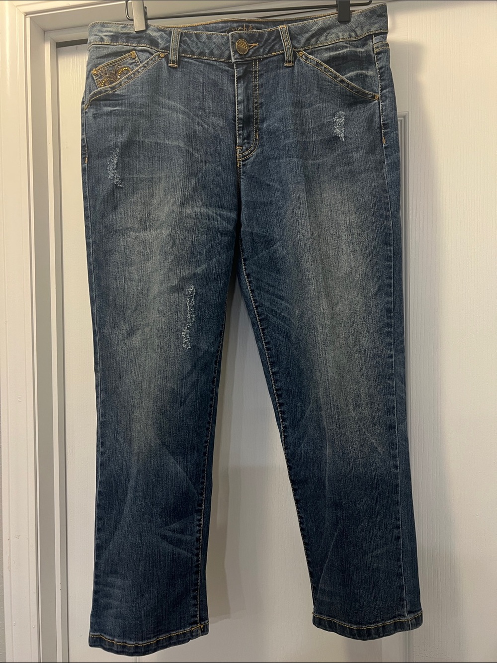 Cache Distressed Medium Wash Straight-Leg Jeans